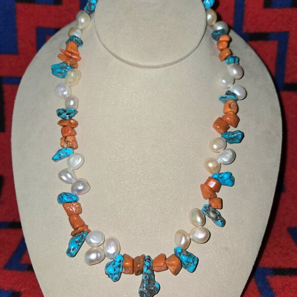 Natural Pearl Necklace with Turquoise and Coral - Picture 2 of 4